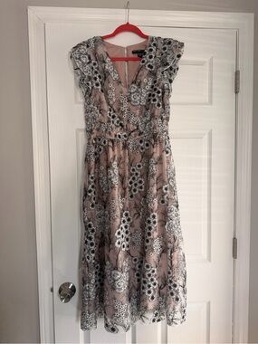 Maggy London Blush Pink Floral Midi Dress with Black & White Lace Motif